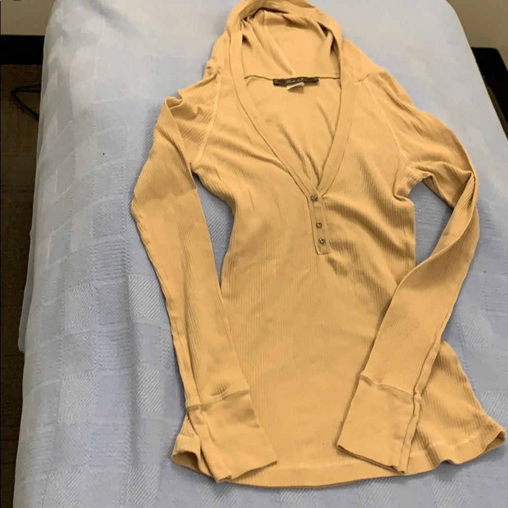 Tan, long sleeved, Henley with hoodie